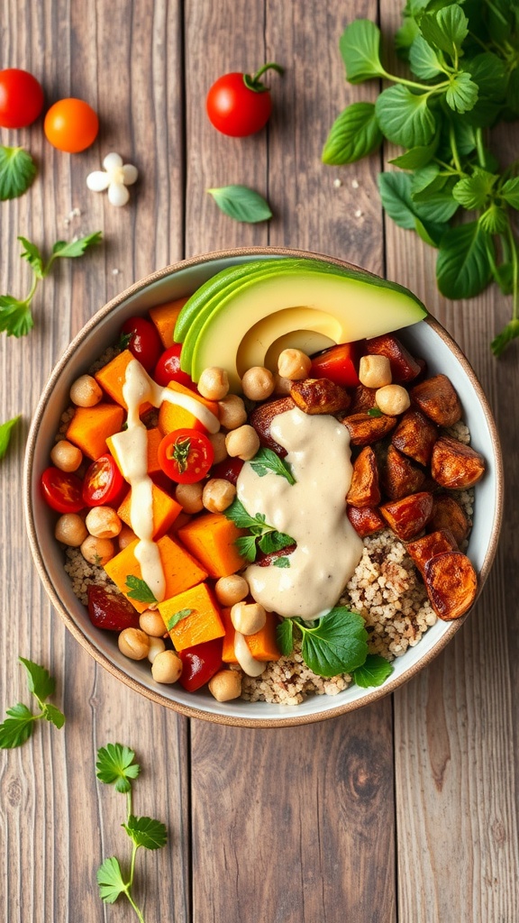 A colorful vegan Buddha bowl with sweet potatoes, tomatoes, chickpeas, quinoa, and avocado drizzled with tahini dressing on a rustic table.